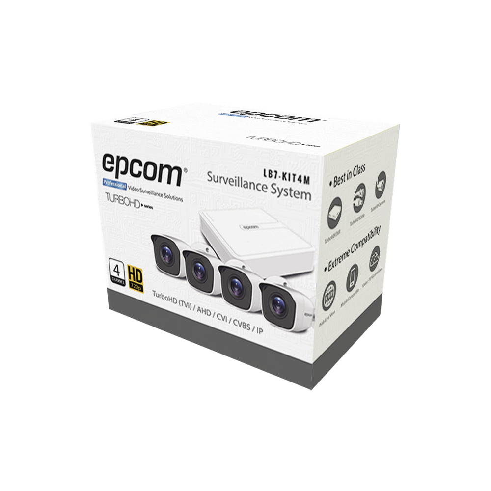 Kit TurboHD 720p / DVR 4 canales / 4 Cámaras Bala de Policarbonato / 4 Cables 18 Mts / 1 Fuente de Poder Profesional / Compatible con Hik-Connect P2P
