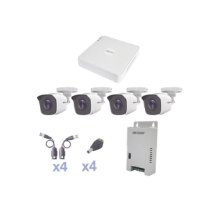 KIT TurboHD 720p / DVR 4 Canales / 4 Cámaras Bala (exterior 2.8 mm) / Transceptores / Conectores / Fuente de Poder Profesional