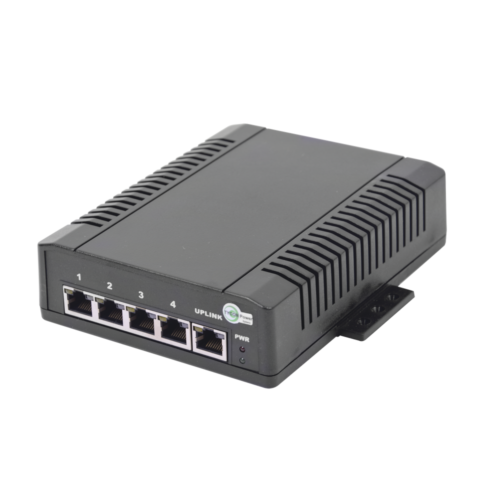 Switch para Aplicación Solar, 4 Puertos PoE 802.3 af/at 10/100/1000 Mbps y un Puerto de Datos, Entrada 12-24 VCD