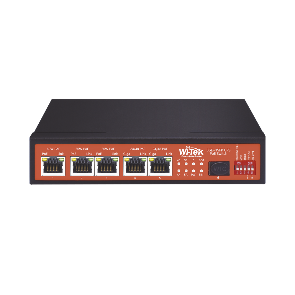 Switch No Administrable de 5 puertos Gigabit PoE (802.3af/at/bt y Pasivo de 24 Vcc) + 1 puerto SFP Gigabit, con controlador de carga para baterías