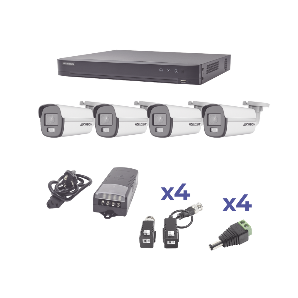 KIT COLORVU TURBOHD 1080p / DVR 4 Canales / 4 Cámaras Bala (exterior) lente 2.8mm / Fuente de poder profesional / Transceptores de video y Accesorios de corriente