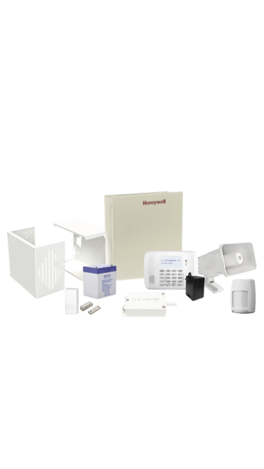 Kit con panel de alarma para 48 zonas con teclado alfanumérico y receptor inalámbrico interconstruido, Batería, Transformador, Sirena, Detector de movimiento inalámbrico y Contacto Magnético Inalámbrico de Largo Alcance