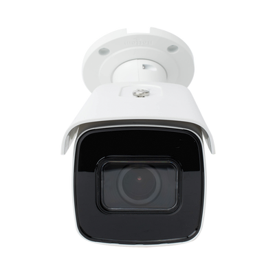 Bala IP 4 Megapixel / Lente Mot. 2.8 a 12 mm / 60 mts IR EXIR / Exterior IP67 / IK10 / WDR 120 dB / PoE / Videoanaliticos (Filtro de Falsas Alarmas) / Entrada y Salida de Audio y Alarmas