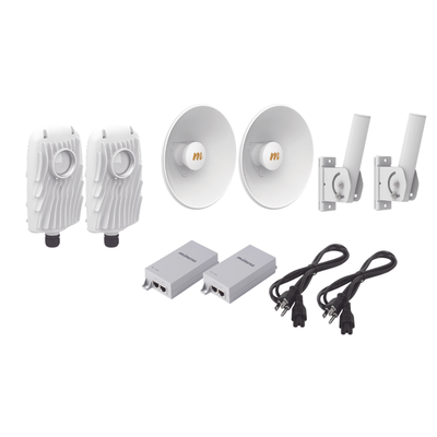 Kit de 2 radios B5X con 2 antenas de (16 dBi), rango de frecuencia extendida (4.9 a 6.4 GHz), incluye inyector POE, cable de alimentación y 2 FLEXIMOUNT-XL para alineación, distancia de hasta 4 km