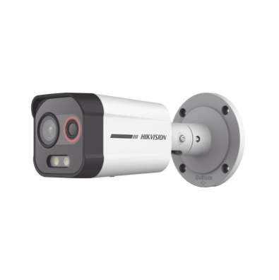Bala IP Dual / Térmica 2.6 mm (96 x 72) / Óptico 6 mm (4 Megapixel) / Detección de Intrusión por VCA 30 mts /30 mts Luz Blanca / Exterior IP67 / PoE / Sirena y Luz Intermitente Integrada / Micro SD / ColorVu y ACUSENSE