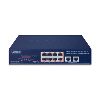 Switch No Administrable de Escritorio y Rack, 8 Puertos Fast Ethernet con PoE 802.3af/at, 2 Puertos Uplink, Hasta 250 m en Modo Extendido