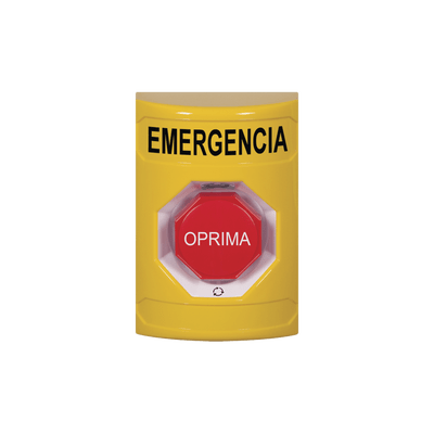 Botón de Emergencia en Español, Color Amarillo, Acción Mantenida, Girar para Restablecer y LED Multicolor