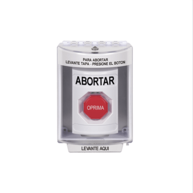 Botón de Abortar, Bocina de Advertencia Integrada, Texto en Español, Tapa Protectora de Policarbonato Súper Resistente con Espaciador, Restablecimiento con Llave