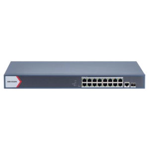 Switch Gigabit PoE+ / Administrable / 16 Puertos 1000 Mbps PoE+ / 1 Puerto 1000 Mbps de Uplink / 1 Puerto SFP / Configuración Remota desde Hik-PartnerPro / Modo Extendido hasta 300 Metros / 130 Watts