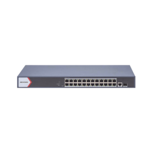 Switch Gigabit PoE+ / Administrable / 24 Puertos 1000 Mbps PoE+ / 1 Puerto 1000 Mbps Uplink / 1 Puertos SFP Uplink Configuración Remota desde Hik-PartnerPro /Modo Extendido hasta 300 Metros / 230 W