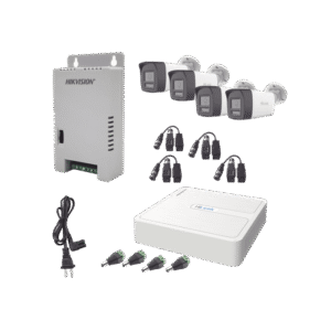 Kit HiLook Audio Bidireccional TurboHD 1080p / DVR 4 Canales / 4 Cámaras Bala (Exterior) con Bocina y Micrófono Integrado / 1 Fuente de Poder / Accesorios