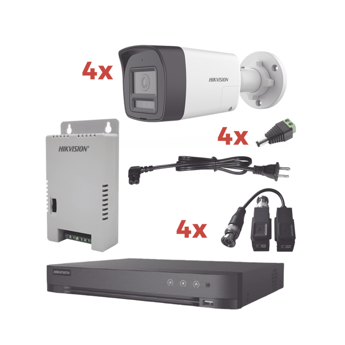 Kit Audio Bidireccional TurboHD 1080p / DVR 4 Canales / 4 Cámaras Bala (Exterior) con Bocina y Microfóno Integrado / 1 Fuente de Poder / Accesorios